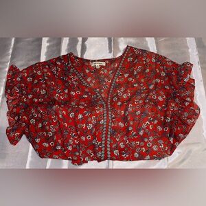 MAX STUDIO Size Large Top Blouse Scarlet Red Floral Ruffled Sleeve Tie Waist